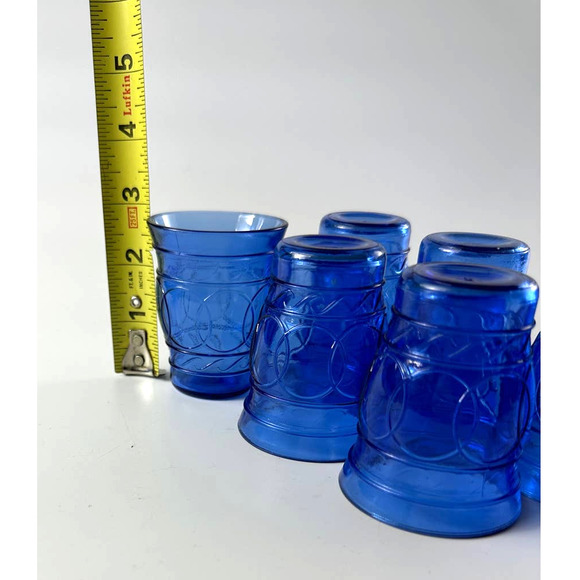 Vintage Hazel Atlas Ring O Rings Cobalt Blue Shot Juice Cordial Glasses Tumblers - Picture 10 of 12